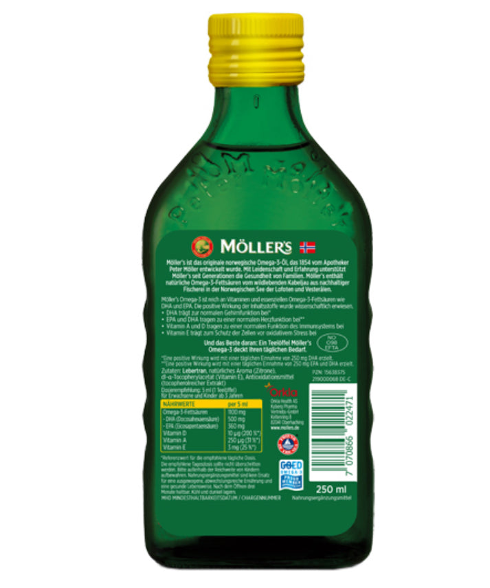 Möller's Tran Omega-3 Zitronen-Geschmack ist eine ergänzende Nahrungsergänzung, die reich an Omega-3-Fettsäuren ist und helfen kann, die Gesundheit von Herz und Gehirn zu unterstützen. Mit einem angenehmen Zitronen-Geschmack verpackt, ist es einfach, täglich eine Portion der wichtigen Nährstoffe zu erhalten.