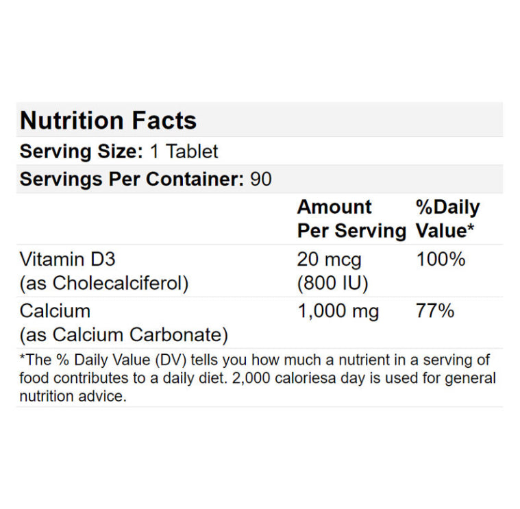 Erhalten Sie starke, gesunde Knochen mit Calcium 1000 mg Plus D3 und nutzen Sie die Vorteile von 20 mcg (800 IE) Vitamin D3. Diese 90 Tabletten sind der perfekte Zusatz zu Ihrer täglichen Routine für eine optimale Knochengesundheit. Vertrauen Sie auf unsere hochwertigen Inhaltsstoffe für ein luxuriöses Wohlbefinden.