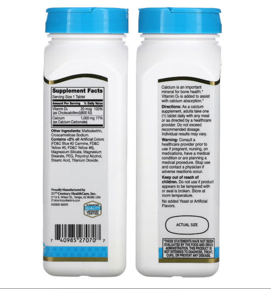 Stärken Sie Ihre Knochen mit Calcium 1000 mg Plus D3. Diese Packung enthält 90 Tabletten, die jeweils 1000 mg Calcium und 20 mcg (800 IE) Vitamin D3 enthalten. Das unterstützt die Knochengesundheit und die Aufnahme von Calcium im Körper. Wissenschaftlich fundiert und effektiv.