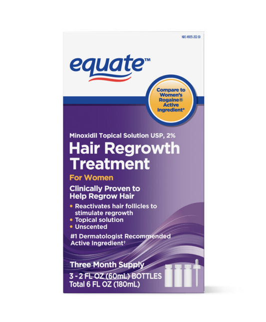 Elevate your beauty routine with Equate Minoxidil 2% für Frauen. This FDA-approved hair growth treatment helps stimulate new growth and reduce hair loss in women. With one bottle and a convenient pipette, achieving fuller, thicker hair has never been easier. Proven results in just weeks.