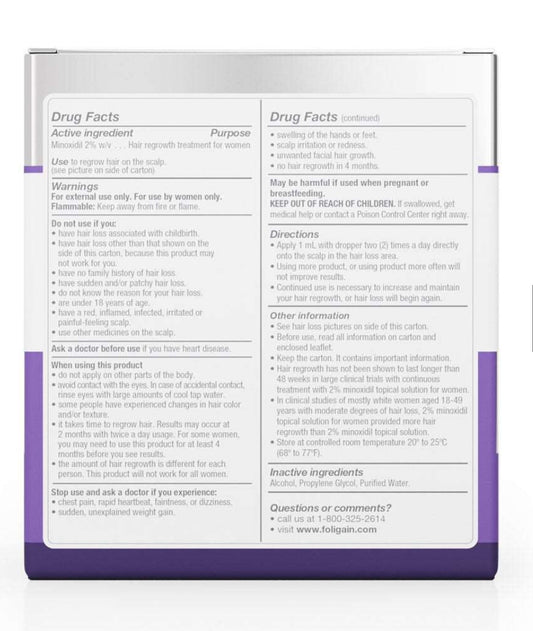 FOLIGAIN Minoxidil 2% für Frauen (Set mit 3 Flaschen + Originalpipette) ist speziell formuliert für Frauen, die unter Haarausfall leiden. Mit einer bewährten 2% Minoxidil Lösung und einer Originalpipette für eine präzise Anwendung, können Sie das Wachstum von vollem, dickem Haar unterstützen.
