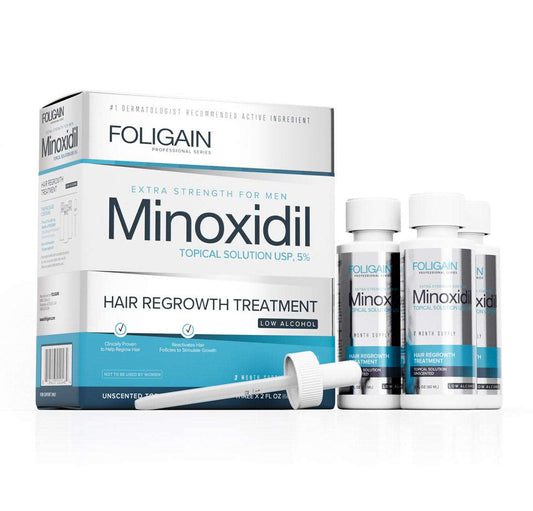 Stärken und verdichten Sie Ihr Haar mit FOLIGAIN Minoxidil 5 % (niedriger Alkoholgehalt). Dieses Set mit 3 Flaschen und einem Original-Tropfer ist ideal für eine langfristige Behandlung. Durch den niedrigen Alkoholgehalt wird das Haarwachstum nicht beeinträchtigt. Klinische Studien zeigen eine wirksame Regeneration bei 5 % Konzentration.