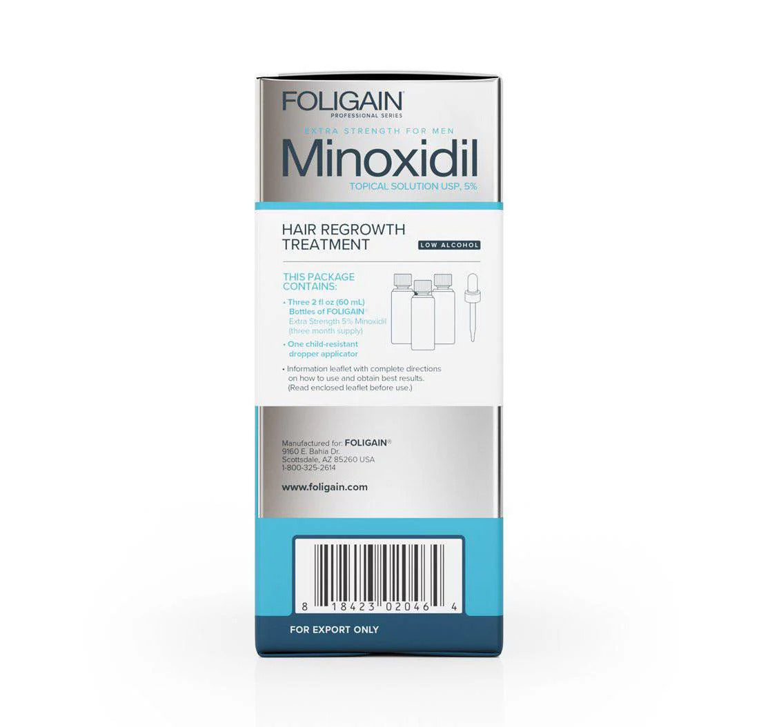FOLIGAIN Minoxidil 5 % (niedriger Alkoholgehalt) ist ein Set mit 3 Flaschen und einem Original-Tropfer für die effektive Behandlung von Haarausfall. Mit einer Konzentration von 5 % Minoxidil und einem niedrigen Alkoholgehalt sorgt dieses Produkt für eine gezielte Stimulation des Haarwachstums. Wissenschaftlich bewiesen und von Experten empfohlen.