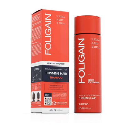 Fördern Sie mit FOLIGAIN Triple Action Shampoo das Wachstum von dünner werdendem Haar bei Männern. Mit 2 % Trioxidil angereichert, stärkt es die Haarwurzeln und verbessert die Durchblutung der Kopfhaut. Für gesundes und dichtes Haar.