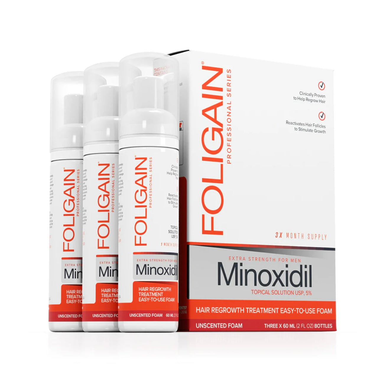 FOLIGAIN Minoxidil 5% Foam Haarwuchs-Schaum für Männer, (Set mit 3x60g Bottles), 3 Bottles reichen für 3 Monate