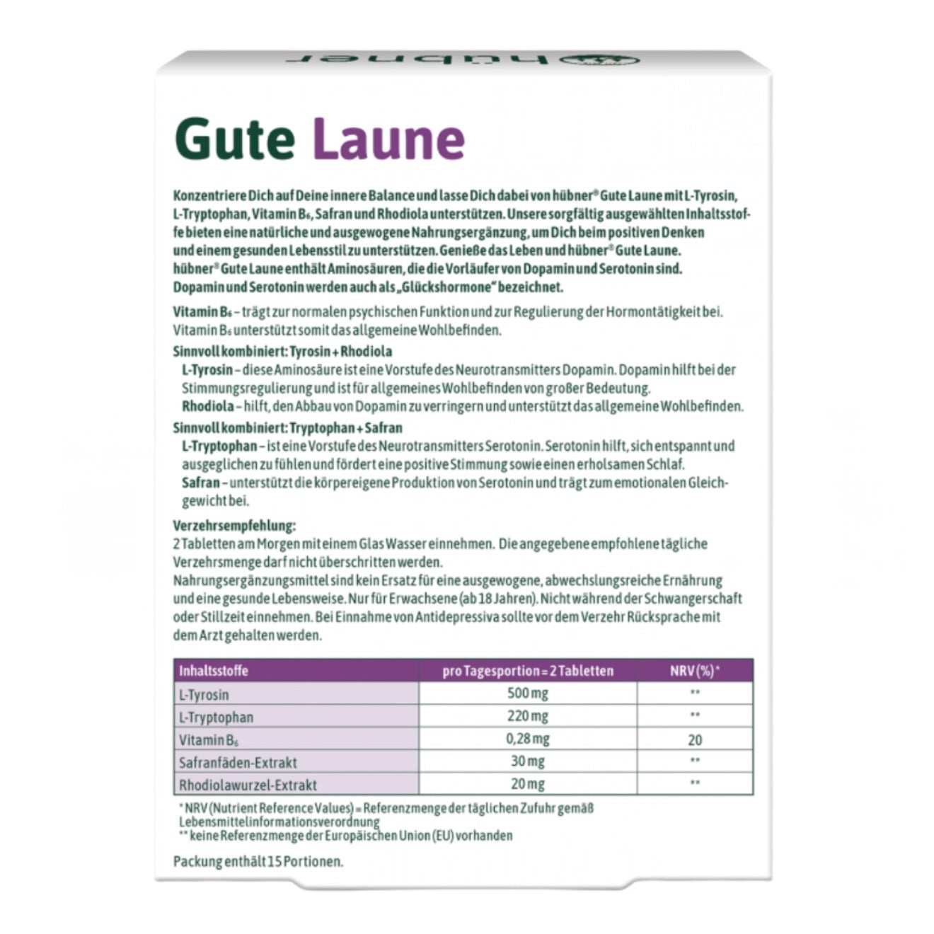 Hübner Gute Laune – Stimmungsaufheller mit L‑Tyrosin, L‑Tryptophan, Vitamin B6, Safran & Rhodiola, 30 Tabletten