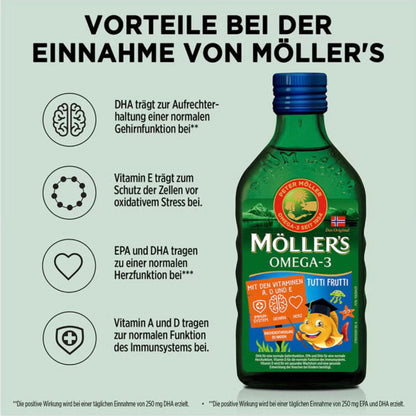 Möller’s Omega-3 Kids Fruchtgeschmack Öl 250 ml – hochdosiert mit DHA & EPA, für Gehirn, Augen, Immunsystem & Knochenstärke