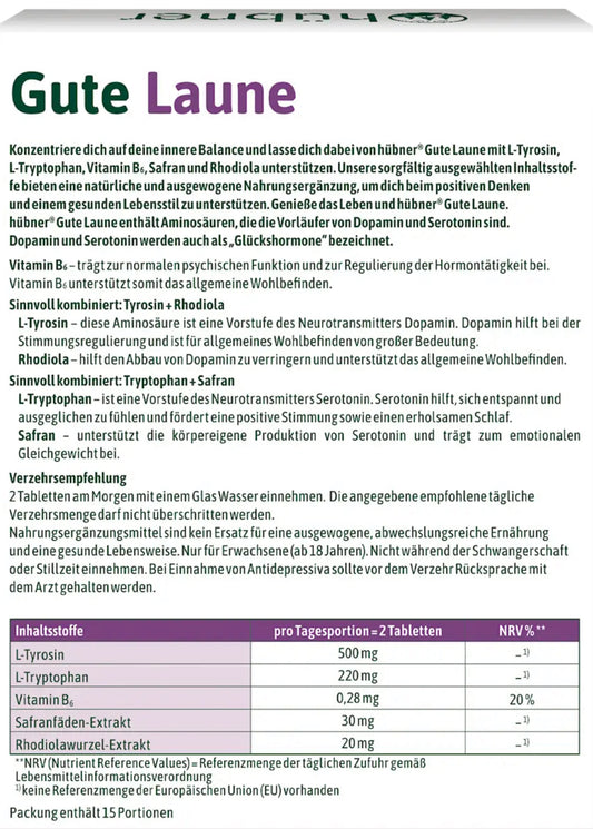 Steigere dein Wohlbefinden und bringe deine innere Balance mit GUTE LAUNE von hübner in Einklang. Die natürlichen Inhaltsstoffe fördern deine innere Harmonie und sorgen für positive Stimmung und Gelassenheit. Fokussiere dich auf dein inneres Gleichgewicht und genieße ein glückliches und entspanntes Leben.