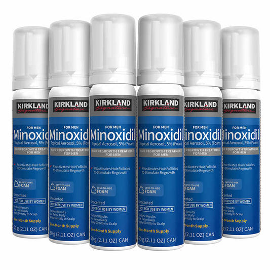 Kirkland Foam Minoxidil 5 % (Set mit Flaschen 6x60g) ist ein effektives Haarwuchsmittel, das 5% Minoxidil enthält. Die spezielle Schaumformel ermöglicht eine einfache Anwendung und sorgt für eine schnelle Aufnahme in die Kopfhaut. Mit diesem Set erhalten Sie 6 Flaschen à 60g, was für einen langfristigen und nachhaltigen Effekt sorgt. Steigern Sie das Haarwachstum um bis zu 25% und lassen Sie Ihre Haare voller und kräftiger aussehen.