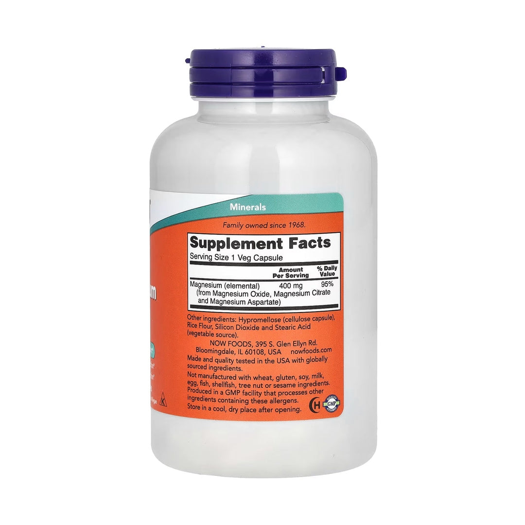 NOW Magnesium 400 mg Nahrungsergänzung für Muskeln Nerven Energie Stoffwechsel