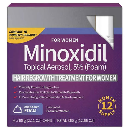 Verbessern Sie das Haarwachstum und bekämpfen Sie Haarausfall mit Minoxidil 5 % Schaum für Frauen. Das Set mit 6x60g Flaschen bietet langanhaltenden Nutzen und sorgt für volles, gesundes Haar. Klinisch bewiesen und einfach anzuwenden für optimale Ergebnisse.