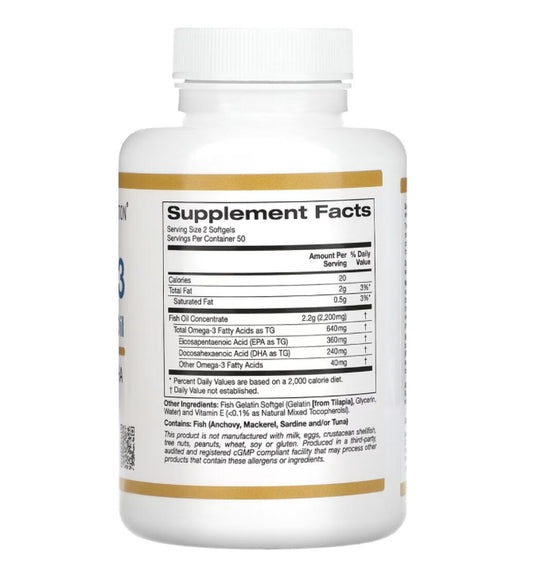 Unser Omega-3 Premium Fischöl bietet 100 Kapseln voller hochwertiger Omega-3-Fettsäuren für eine optimale Versorgung Ihres Körpers. Unsere einzigartige Formel sorgt für eine gesunde Herzfunktion, verbesserte Gehirnfunktion und Unterstützung des Immunsystems. Perfekt für alle, die sich um ihre Gesundheit sorgen und das Beste für ihren Körper wollen.